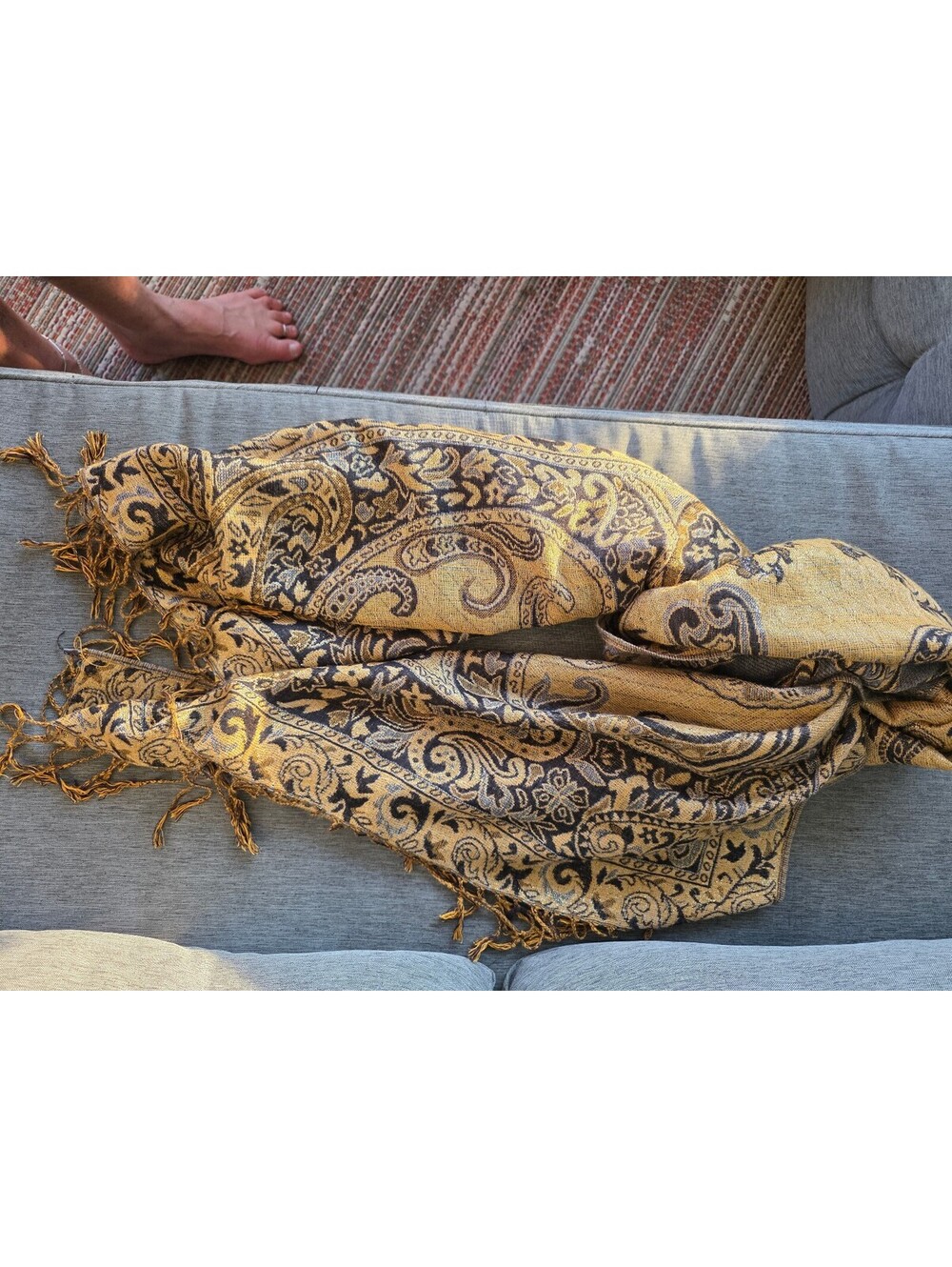 Elegant Gold and Black Paisley Patterned Shawl or scarf with Fringe Edges - Picture 3 of 6